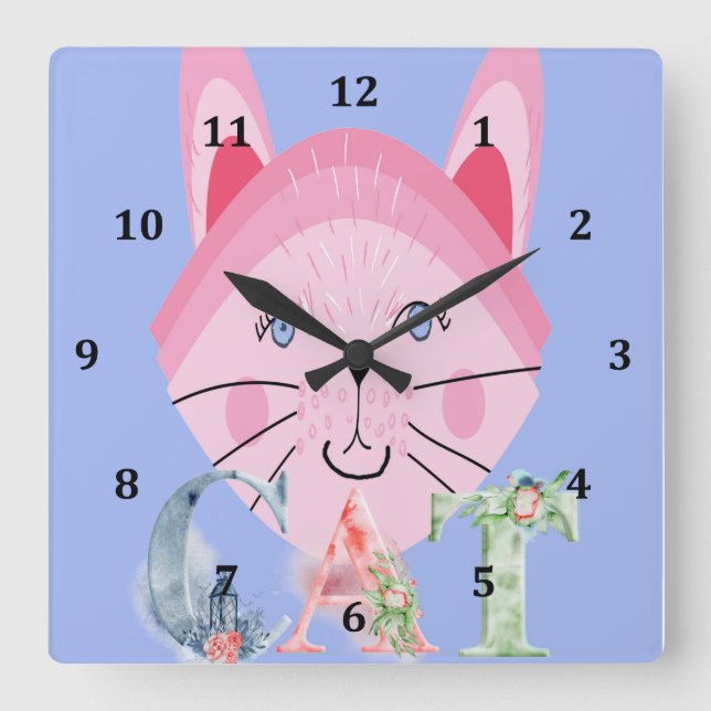 Kinderuhr mit Niedlicher rosa Katze Quadratische Wanduhr (Vorderseite)