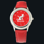Kinderuhr mit weißer Katze | Anpassbarer Name des  Armbanduhr<br><div class="desc">Kinder beobachten weiße Katze | Anpassbar mit dem Namen des Tieres. Personalisierbare Armbanduhren für Kinder. Niedliche Geburtstag Geschenkidee für Mädchen. Silhouette der weißen Kätzchen Design. Roter Hintergrund.</div>