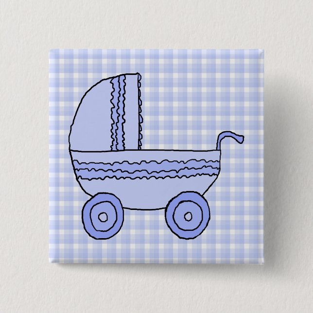 Kinderwagen. Hellblau auf Karo-Muster Button (Vorderseite)