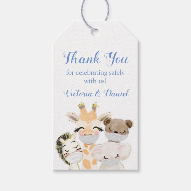 Kinderwagen mit Masken für Babydusche Geschenkanhänger (Vorderseite)