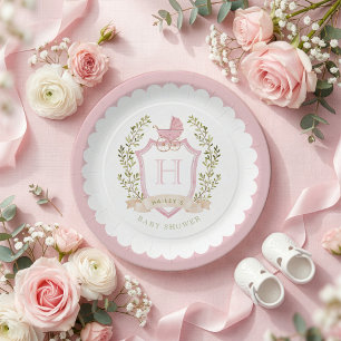 Kinderwagen-Wappen-Monogramm   Rosa Babyparty Pappteller