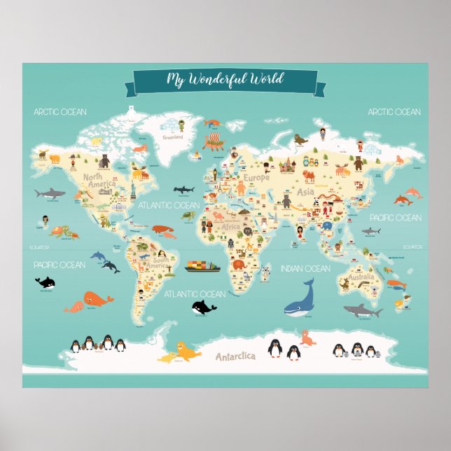Kinderweltkarte mit Illustrationen Poster (Vorne)