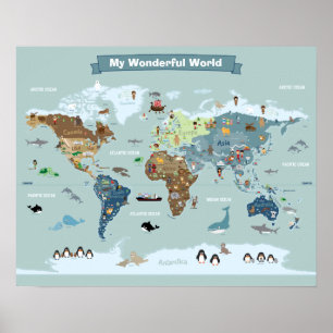 Kinderweltkarte mit Tieren und Sehenswürdigkeiten Poster