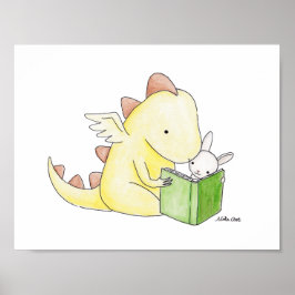 Kinderzimmer Art Deco Dragon & Bunny Reading Book Poster