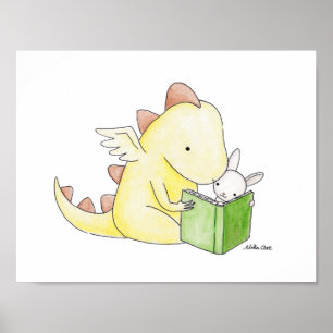 Kinderzimmer Art Deco Dragon & Bunny Reading Book Poster