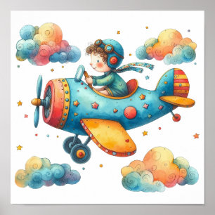 Kinderzimmer Art Poster Child Flying Propeller Flu