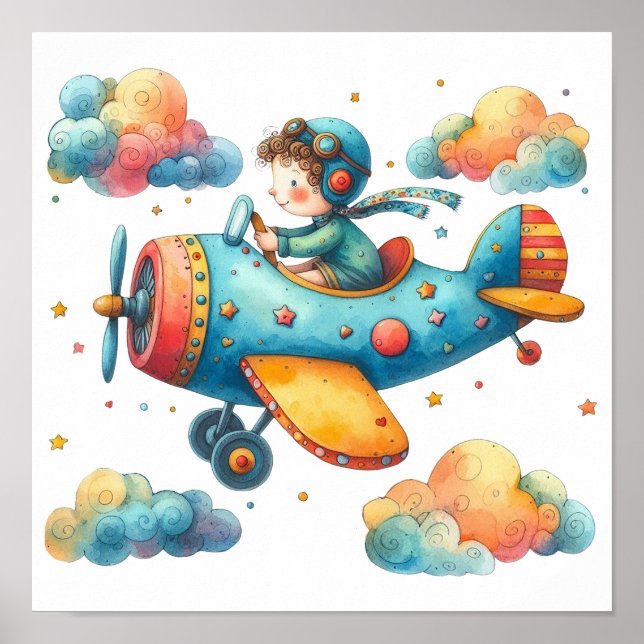 Kinderzimmer Art Poster Child Flying Propeller Flu (Vorne)