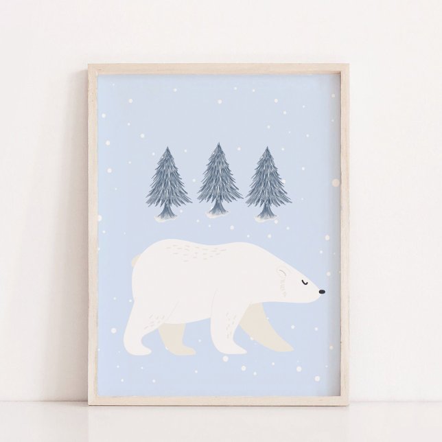 Kinderzimmer aus weißem Snow Winter-Polar Poster (Blue White Snow Winter Polar Bear Nursery Wall Decor)