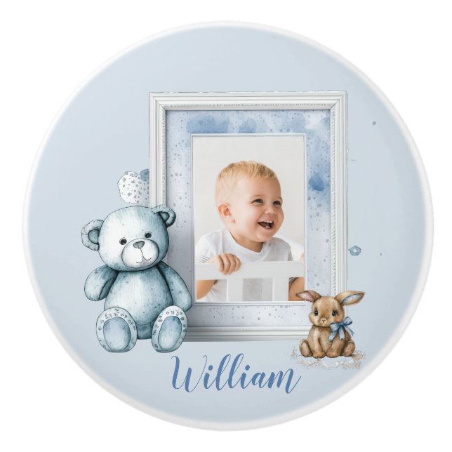 Kinderzimmer Baby Blue Foto Frame Teddy Bunny Keramikknauf (Vorderseite)