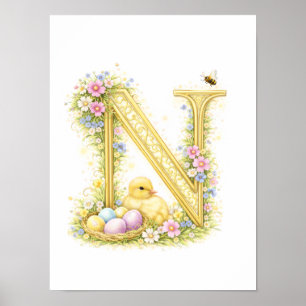 Kinderzimmer Brief N Baby Entenküken Initiale Gold Poster