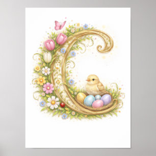 Kinderzimmer Buchstabe C Küken Baby Initiale Gold  Poster