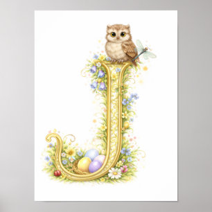 Kinderzimmer Buchstabe J Baby Eule Initiale Gold B Poster