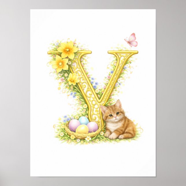 Kinderzimmer Buchstabe Y Baby Kätzchen Initial Gol Poster (Vorne)