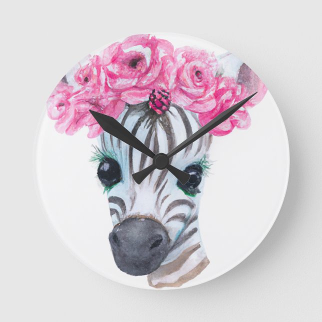 Kinderzimmer Clock Zebra mit rosa Blume Crown Runde Wanduhr (Vorderseite)