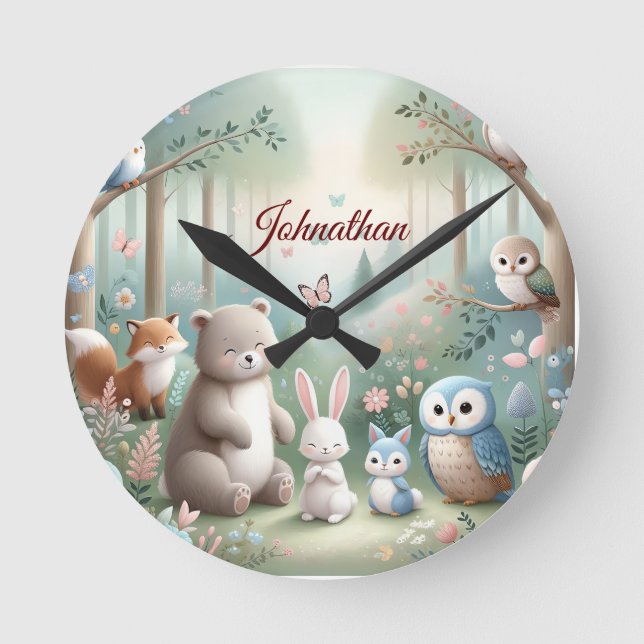 Kinderzimmer Deco, Forest Niedlicher Tiere - Indiv Runde Wanduhr (Vorderseite)
