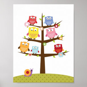 Kinderzimmer-Eulen auf einem Baum-Wandkunstwerk Poster