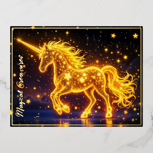 Kinderzimmer Gold Einhorn Design Glitzer Zauberkun Folie Einladungspostkarte (Vorderseite)