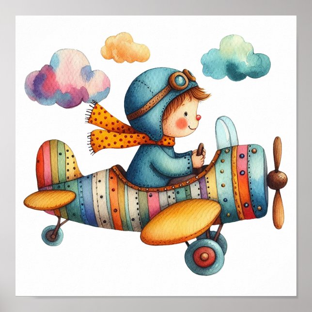 Kinderzimmer im Aquarellstil Art Child Flying Airp Poster (Vorne)