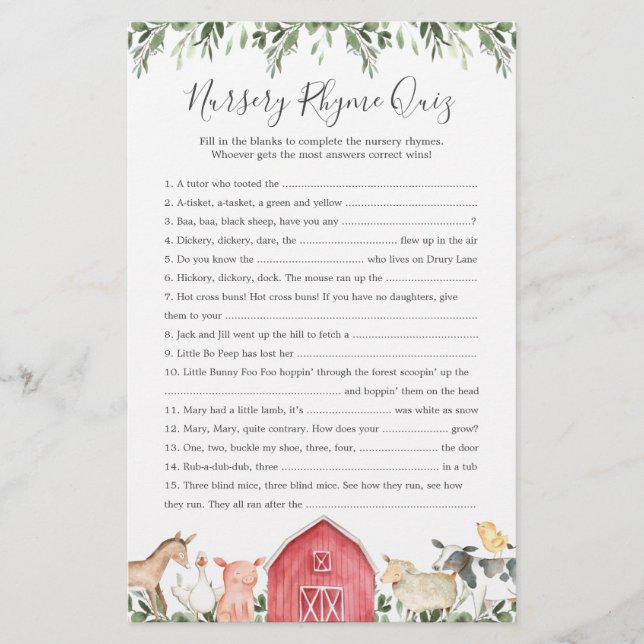 Kinderzimmer "Landtiere Babydusche" Rhyme Quiz Gam (Vorderseite)