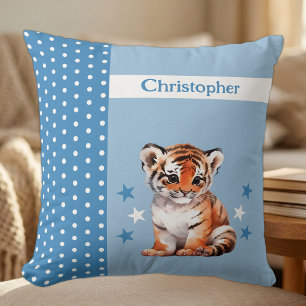 Kinderzimmer mit Namen süßer Tiger blau Kissen