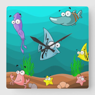 Kinderzimmer oder Kinderzimmer Cartoon Sea Life Quadratische Wanduhr
