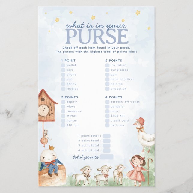 Kinderzimmer Rhyme Purse Baby Shower Game Flyer (Vorne)