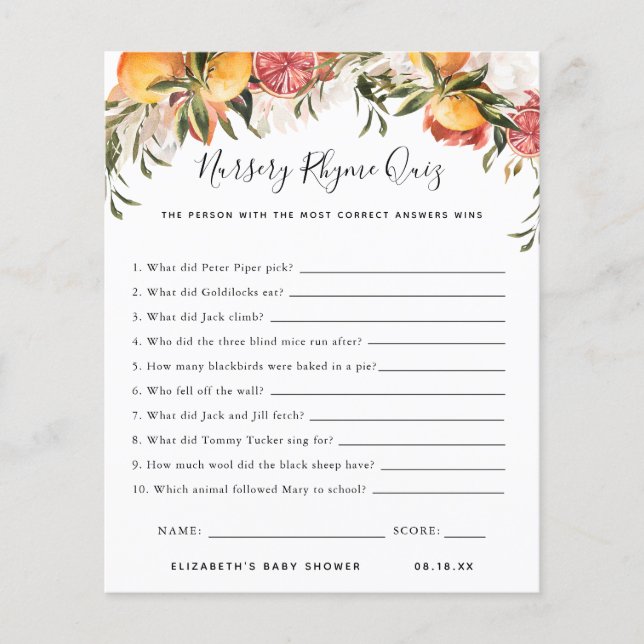 Kinderzimmer Rhyme Quiz | Baby Showspiel (Vorderseite)