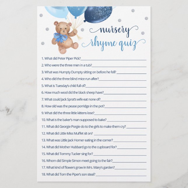 Kinderzimmer Rhyme Quiz Game Baby Dusche Teddy Bär (Vorderseite)