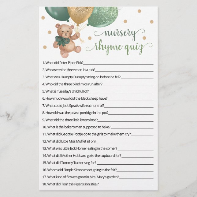 Kinderzimmer Rhyme Quiz Game Baby Dusche Teddy Bär (Vorderseite)