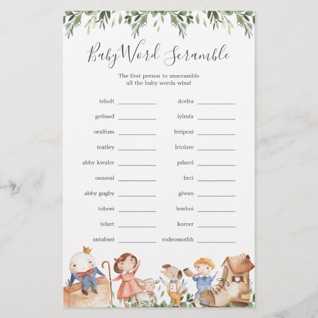 Kinderzimmer Rhymes Baby Dusche Word Scramble Game (Vorderseite)