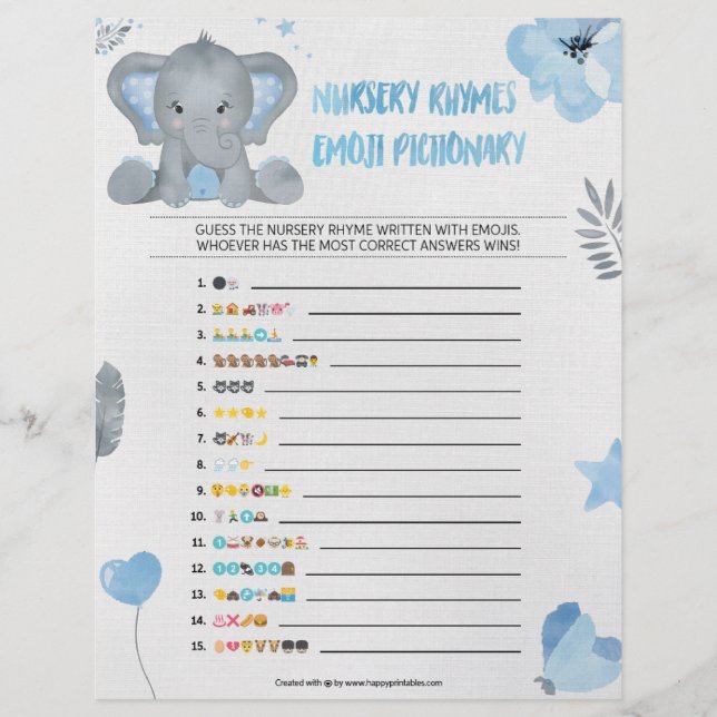 Kinderzimmer Rhymes Emoji Pictionary [Baby Elephan Briefbogen (Vorderseite)