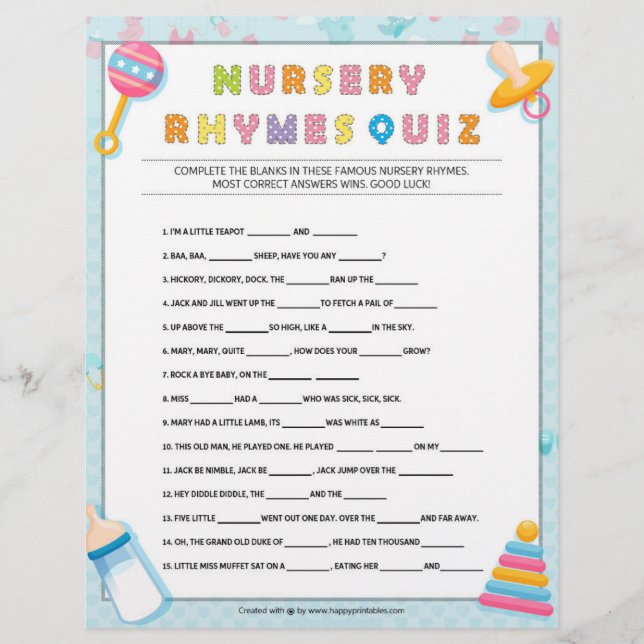 Kinderzimmer Rhymes Quiz [Baby Basics Blue] Briefbogen (Vorderseite)