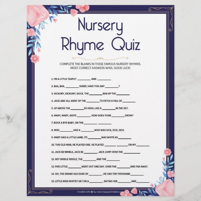 Kinderzimmer Rhymes Quiz [Blumenrahmen] Briefbogen (Vorderseite)