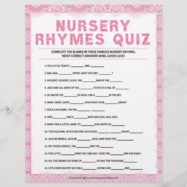 Kinderzimmer Rhymes Quiz [Luxusspitze [Pink] Briefbogen (Vorderseite)