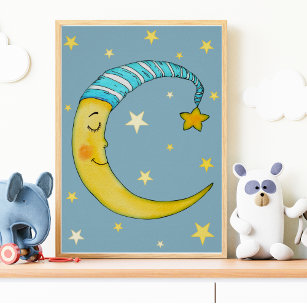 Kinderzimmer Wall Art Moon Stars Gelbes blaues Pos Poster