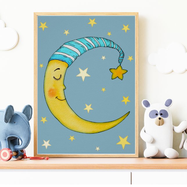 Kinderzimmer Wall Art Moon Stars Gelbes blaues Pos Poster (Von Creator hochgeladen)