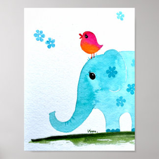 Kinderzimmer wallart_ Aquarell Elefant und rosa Vo Poster