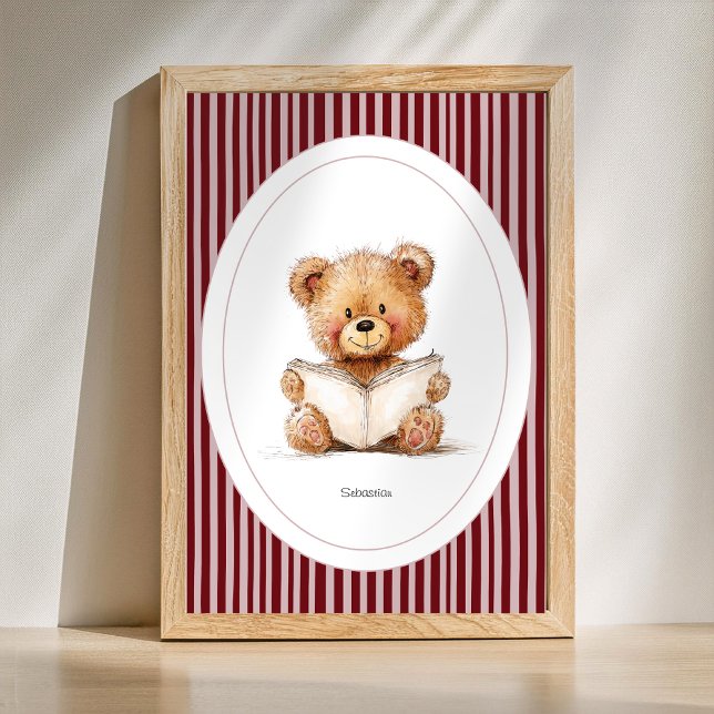 Kinderzimmer-Wandbild mit individuellem Namen - Te Poster (Custom Name Print - Cute Teddy Bear Reading a Book Nursery Poster)