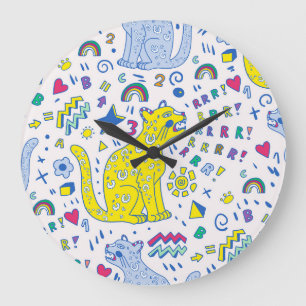 Kindischer Tiger und Regenbogenmuster Große Wanduhr