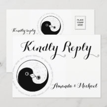 KINDLY REPLY WEDDING CARD b/w YinYang doves Harmo