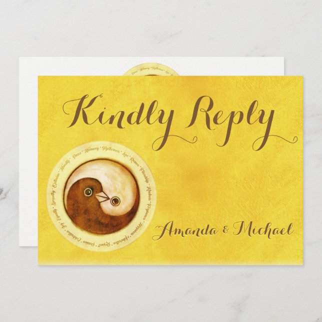 KINDLY REPLY WEDDING CARD Gold YinYang doves Harmo Einladung (Vorne/Hinten)