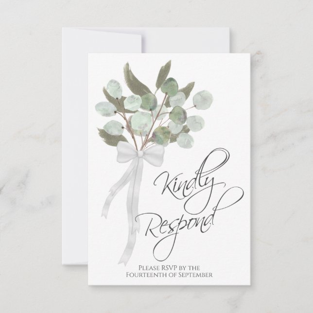 Kindly Respond Rustic Eucalyptus Bouquet Wedding RSVP Karte (Vorderseite)
