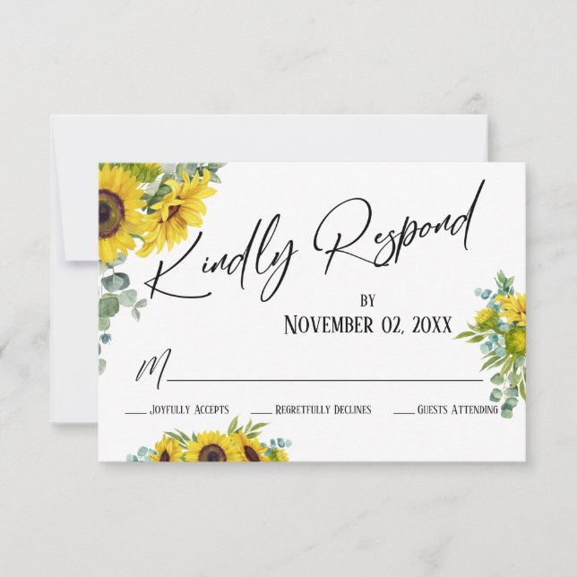 Kindly Respond Watercolor Sonnenblumen & Eukalyptu RSVP Karte (Vorderseite)