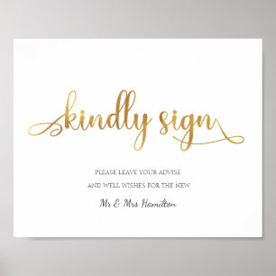 "Kindly sign" Gold weiße Gästebuch Wedding Sign