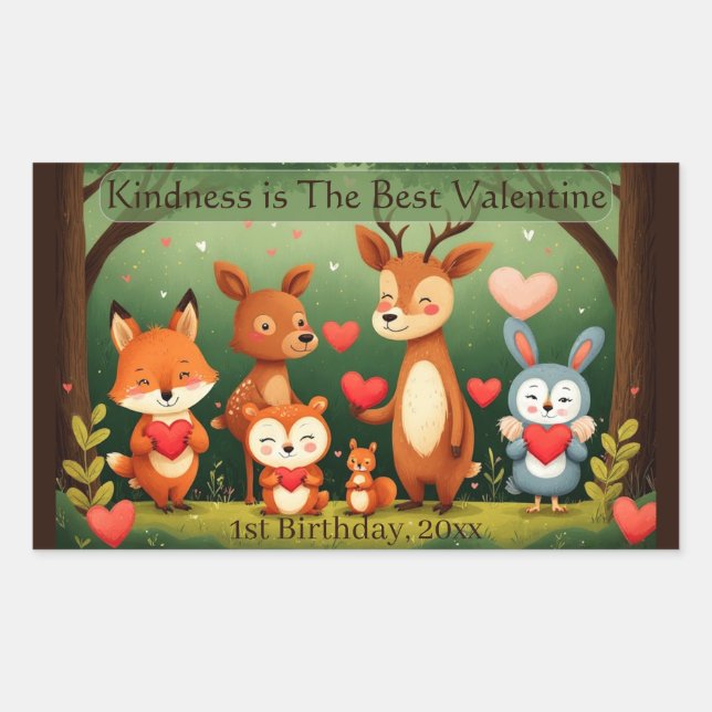 Kindness Best Valentine Woodland Animals Birthday  Rechteckiger Aufkleber (Vorderseite)