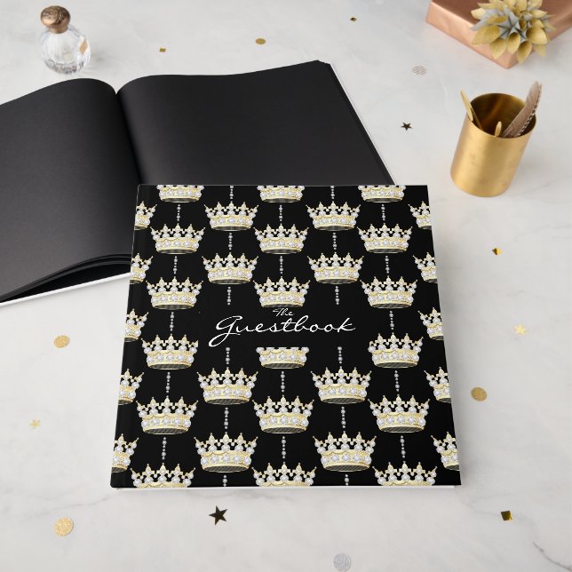 King and Queen Elegante Gold Crown + Diamonds Gästebuch (Vorderseite offen)