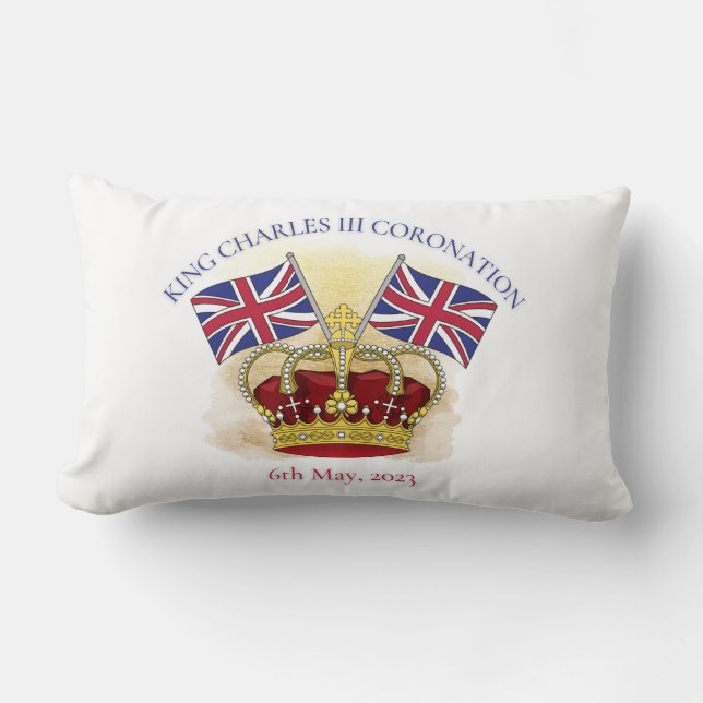 King Charles III Coronation Crown and Flags Lendenkissen (Vorderseite)
