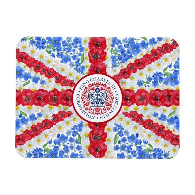 King Charles III Coronation Emblem Floral UK Flagg Magnet (Horizontal)