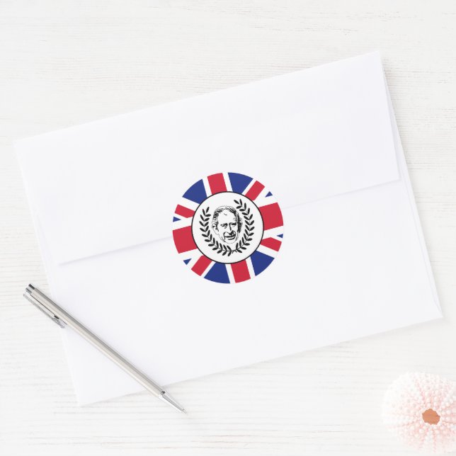 King Charles III und British Union Jack Flag Runder Aufkleber (Umschlag)
