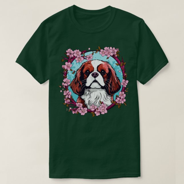 King Charles Spaniel mit Cherry Blossom-Blume T-Shirt (Design vorne)